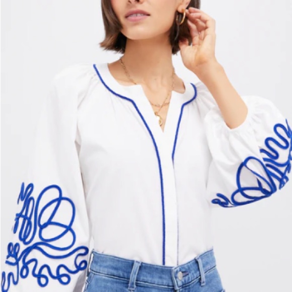 NWT Tuckernuck Hyacinth House White & Royal Blue Soutache Stella Blouse, XS
